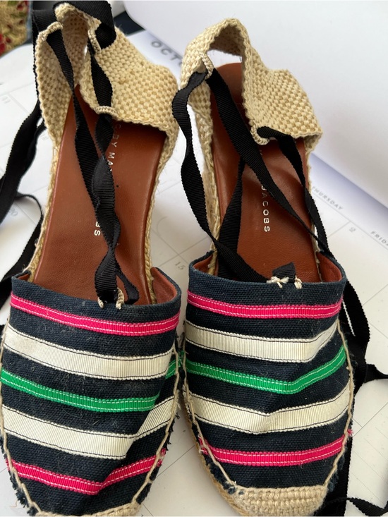 Marc Jacobs Shoes - Marc Jacobs Black Striped Espadrille Wedges with Pink and Green Stripes